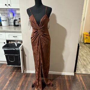 MNG Printed Brown Deep V Sleeveless Dress